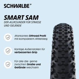 Schwalbe Smart Sam MTB Bicycle Tyre - All-Round Tyre with ADDIX, SBC or Black'n'Roll Compound - for Road, Gravel & Terrain - RaceGuard, K-Guard or Performance Version