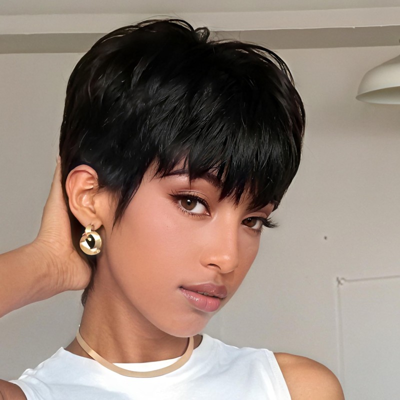 SAEIALL Peluca de cabello humano corto negro con corte pixie