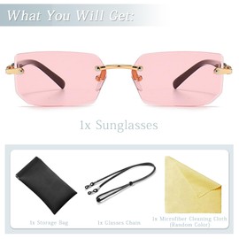 MEGAVOW Frameless Rectangle Sunglasses, Glasses Strap, Vintage Retro Glasses for Men and Women, Diamond Cut Lenses, Gafas de Sol with Tinted, Classic, Square, pink