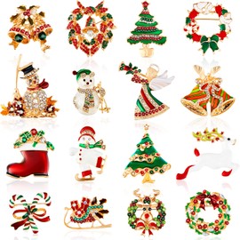 Cindeer 16 Pcs Brooches and Pins for Women Rhinestone Crystal Set Snowman Reindeer Bells Tree Wedding Party Gift Favors(Bell)