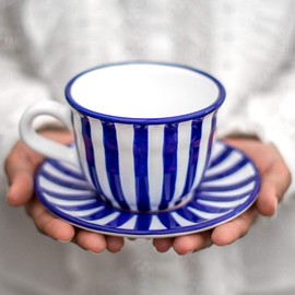 Handmade Dark Navy Blue Stripe Large Ceramic 12oz/350ml Cappuccino Coffee Tea Cup and Saucer, Unique Designer Pottery for Tea Lovers by City to Cottage®