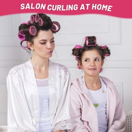 Jumbo Hair Roller Set - 24 pieces, including 12 large rollers and 12 clips, for voluminous, long, and thick hair (Hot Pink)