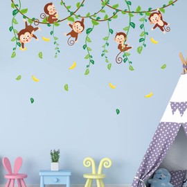 Runtoo Monkey Wall Stickers Jungle Animals Wall Decals Tree Kids Bedroom Baby Nursery Classroom Wall Decor