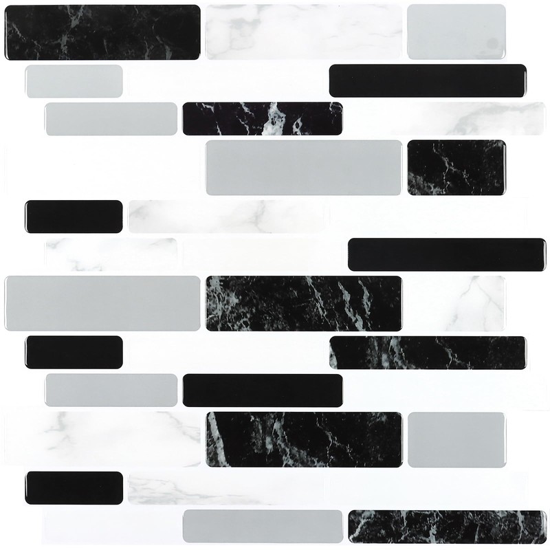 CHIHUT 6 Sheets 12"x12" Black White Gray Marble Mosaic Peel