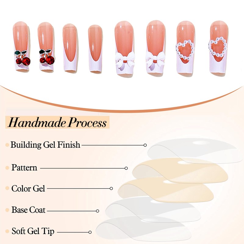 GlamRays 3D Cherry Bow Pearl False Nails White French Lace