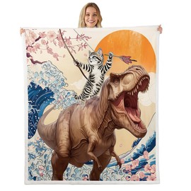Erosebridal Kids Funny Fleece Blanket for Bedroom Cat Riding Dinosaur Sherpa Blanket, Japanese Style Blanket Oriental Asian Throw Blanket for Sofa, Ocean Wave Wildlife Flannel Blanket for Boys Girls