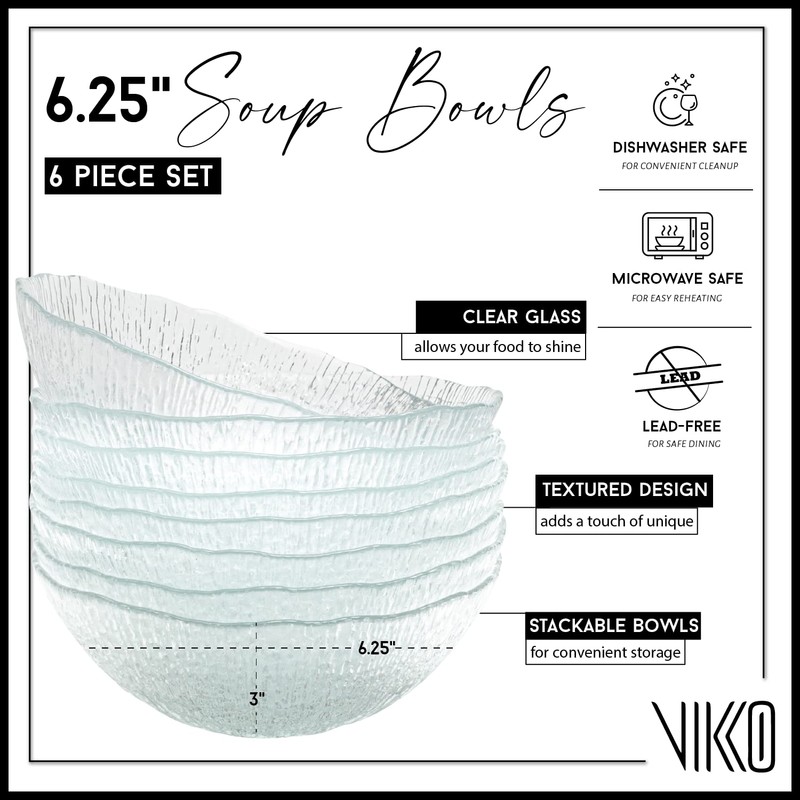 Vikko Soup Bowls, 6.5 Inch Salad Bowls, Glass Soup Bowls,