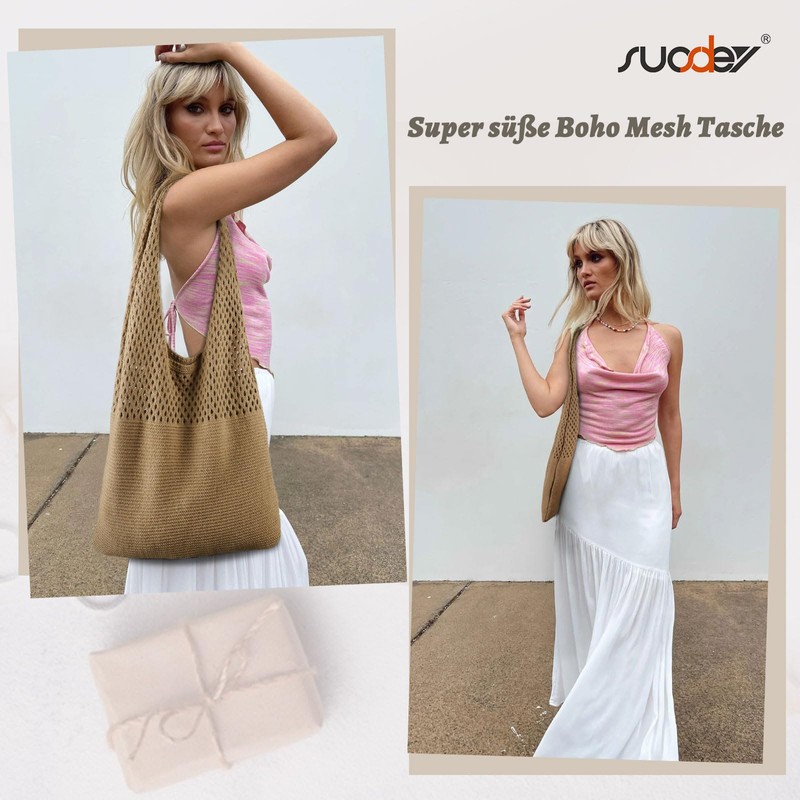 SUOSDEY Crocheted Mesh Beach Tote Bag, Summer Holiday Aesthetic Knitted