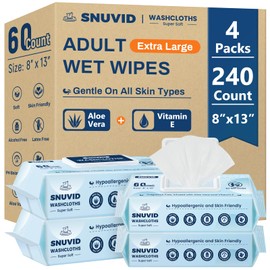 Extra Large Adult Wipes Incontinence 240ct 8"x13" Wipes for Elderly Non Flushable Body Wipes For Adults Bathing No-Rinse Disposable Washcloths, Vitamin E & Aloe Infused