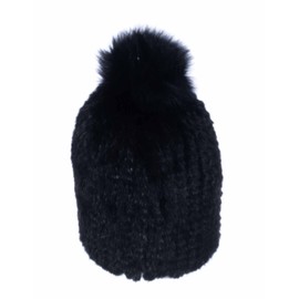 Real Fur Beanie Hat Women's Weather Mink Fur Knitted Hat with Fox Fur Pom Soft Fluffy Thick Black