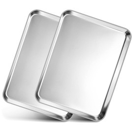 Toaster Oven Pan Tray, P&P CHEF Stainless Steel Baking Pan Cookie Sheet, Set of 2 (12.5’’ x 9.75’’ x 1’’), Rolled Edge & Round Corner, Mirror Finished & Easy Clean