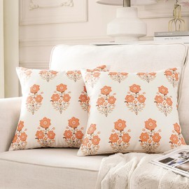 ORANAZA Pack of 2, Mughal Flower Pillow Cover 20 x 20 Inch Chinoiserie Red Floral Throw Pillow Cover Linen Red and White Pillow Case Covers Cushion for Couch Sofa Living Room