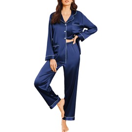 Ekouaer Silk Pajamas for Women Classic Button Down Satin Pajama Sets Long Sleeve Lounge Set Navy