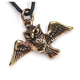 Owl flying Bronze Pendant Necklace Jewellery, incl black cotton sting, Pendant total length: 2.5cm