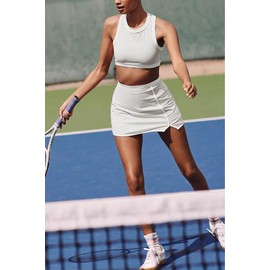 MINSURE Women 2 Piece Tennis Skirt Set Cutout Crop Top Athletic Golf Skorts Skirts Activewear Matching Outfits(White-S)