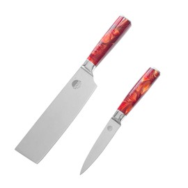 Professional 2-Piece Kitchen Knife Set, Nakiri and Paring Knives, Stainless Steel with Red Marbled Handle (Red)