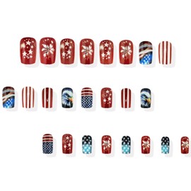 Patriotic Press on Nails 4th of July Fake Nails Square Shape Acrylic Nails American Flags False Nails Independence Day Glue on Nails Full Cover Artificial Nails Reusable Press on Nails for Women