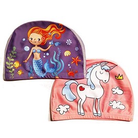 Set of 2 Magical Swimming Caps for Girls (Age: 2-4 Years) Unicorn and Mermaid 100% Nylon and 0% Pull