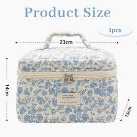 Kryzalite Cute Makeup Bag for Women, Large Travel Cosmetic Bags, Quilted Aesthetic Toiletry Bag with Floral Pattern (Blue), blue, Blue