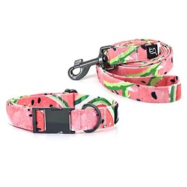 Ultra Joys Dog Collar and Leash Set - Soft Comfortable Cotton Fabric with Durable Metal Buckle in Watermelon Design - Small Size Collar with 5 ft Leash