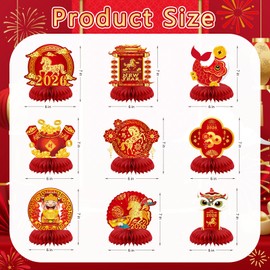 9 Pcs 2026 Chinese New Year Honeycomb Centerpiece Red Gold Spring Festival Table Decorations Lunar New Year Table Signs for Year of the Horse New Year Party Favor Supplies