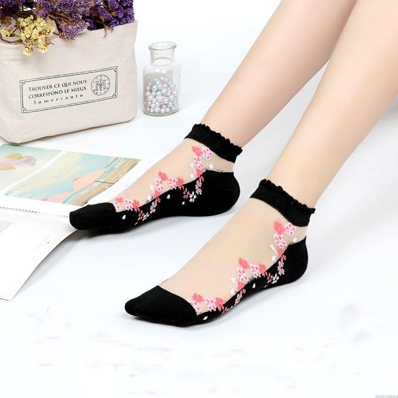 [Feiyda] 靴下 レディース 透明 花柄 ソックス 薄手 春夏用 綿底 通気性
