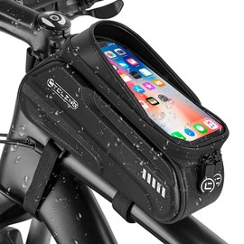 AUTOWT Bolsa para Cuadro Frontal de Bicicleta, 1,5 L Accesorios Impermeables Bicicleta Bolsa para Reflectante Tubo Superior 3D Pantalla Táctil TPU Sensible para Teléfono Menos de 6,7" (Negro-C)