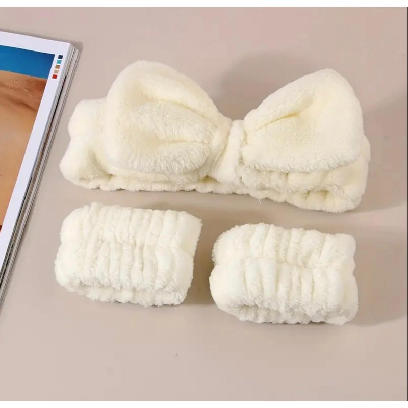 Plush Bowknot Spa Headband and Wristband Set (Creamy White, one