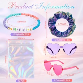 FineCheer 60 Pcs Friendship Gifts Disco Party Favors Beaded Friendship Bracelets Bulk Heart Sunglasses Holographic Scrunchie Bags 12 Set Popular Singer Party Favors for 1989 Women Birthday Supplies