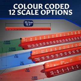 Stylo 12" Aluminum Architect Scale Ruler Laser Etched Triangle Drafting Ruler, Color Coded Grooves for Blueprint, Drafting and Drawing, Architectural Scale Ruler for Blueprints (Red, Metric Units)