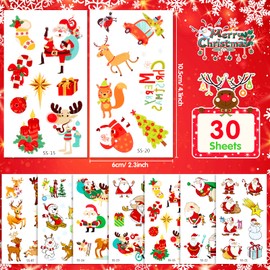 Qpout Christmas Temporary Tattoos for Kids, 30 Sheets Lovely Santa Claus Snowman Reindeer Designs Christmas Stocking Stuffers for Kids Christmas Decorations Xmas Party Favor Supplies Gifts Favors