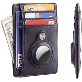 KF-Premium Black Minimalist AirTag Wallet - PU Leather Credit Card Money Holder Apples Air Tag Cover Case for Men & Women