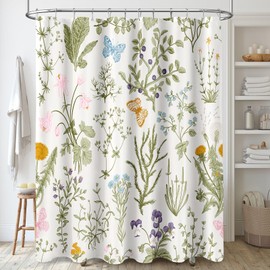 MAYZUS Extra Long Shower Curtain 72 x 84 Inch, Tall Vintage Botanical Fabric Shower Curtain, Sage Green Beige Cute Boho Floral Aesthetic Bathroom Shower Curtain Set with Hooks