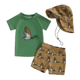 KMBANGI Toddler Baby Boy Mallard Swimsuit Set Baby Rash Guard Short Sleeve Duck Bathing Suit Trunks Swim Shorts with Hat (Green, 2-3 Years)