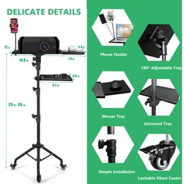 Asltoy Projector Tripod Stand with Wheels Adjustable Height Laptop Tripod Stand Treadmill Laptop Stand with 2 Shelves Mouse Tray Phone Holder Projector Tripod Music Stand Office Home Portable Laptop Floor Stand