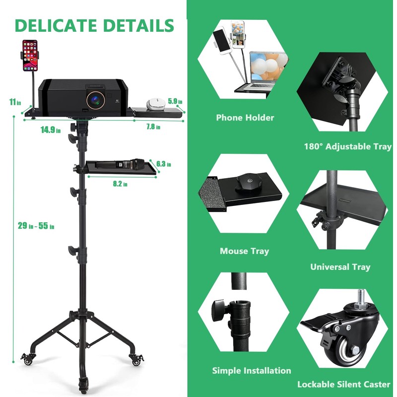 Asltoy Projector Tripod Stand with Wheels Adjustable Height Laptop Tripod