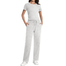 Streetwear Trendy Cotton Summer Sweat Suits Golf Lounge Travel Outfits for Women 2 Piece Sets Basic Active Short Sleeve Crop Tops Soft Pants Workout Yoga Athletic Sets Airport Outfits 2025 Grey XL