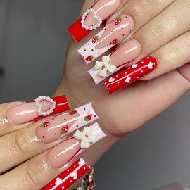 Valentine's Day Press on Nails Long Square Fake Nails Cute Nails Press ons with 3D Bow Pearl Nail Charms Designs Acrylic Nails Full Cover Glossy Glue on Nails Stick on Nails for Women Manicure 24 Pcs