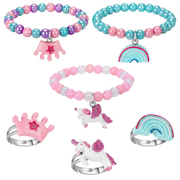 Unicorn Bracelet Ring Set - Rainbow Bracelet Shiny Crown Bracelet for Toddler Girls - Little Girl Jewel Rings Set Girl Pretend Play and Dress Up Rings