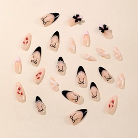 Press on Nails Almond Medium Length-Glossy Full Cover Acrylic French False Nails with Bow Strawberry Designs Artificial Pointed Almond Fake Nails with Charms Glue on Fingernails for Women Girls