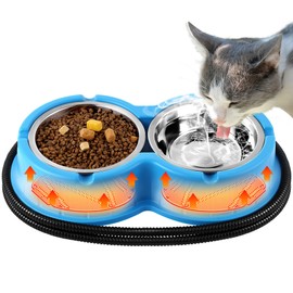 Dreyoo Heated Water Bowl for Outdoor Cats Stainless Steel Heated Cat Bowls Large Food Warmer, Double Heat Pet Bowl for Feral Cat Feeding Station Provide Non Freezing Food and Water(Black)