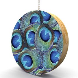 Blue Peacock Plumes Hardwood Oak Fan/Light Pull