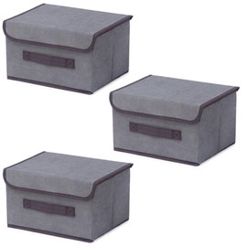 EURXLQ 3 Grey Foldable Storage Boxes with Lid, 26 x 19 x 16 cm, Linen Fabric, Foldable Storage Bin with Flip-Top Lid & Handles, Clothes Blanket Box for Home, Wardrobe