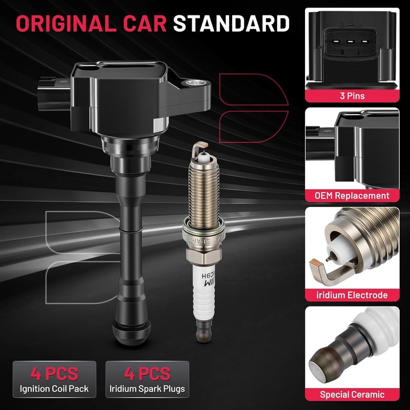 Pack of 4 Ignition Coil + Spark Plugs For Nissan