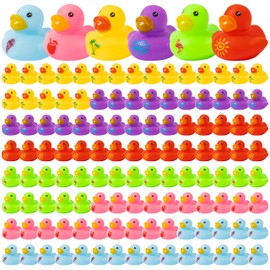 Haooryx Summer Mini Rubber Duck - 120Pcs Hello Summer Ducky Squeak Bathtub Float Bath Toy Novelty Squeak Duck for Kids Holiday Party Decor Classroom Reward Birthday Gift Baby Shower Party Favor Supply