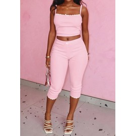 Geulis Women's 2 Piece Outfits Sexy Spaghetti Straps Sleeveless Camisole Crop Tops Bodycon Capri Pants Sets