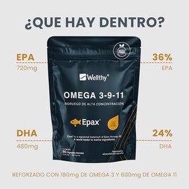 Wellthy Omega 3, 9, 11 Epax 90 Cpsulas. El aceite de pescado Noruego Epax es ultra concentrado en EPA 1000mg, DHA 400mg, Omega 9 180mg. Bottle Free.  
