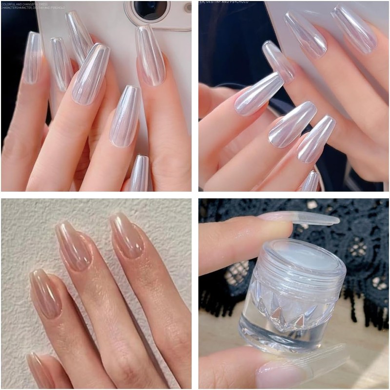 Polvo para uñas con efecto espejo superbrillante, cromo perlado blanco,