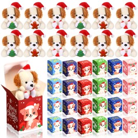 24 Sets Christmas Mini Plush Gift with Box Christmas Stuffed Animal Keychain with Santa Cap Tiny Plush Set for Xmas Party Stocking Fillers Exchange Gifts(Dog)