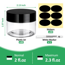 Eupako 48 Pack Plastic Jars with Lids 2 OZ - Empty Clear Cosmetics Containers with Pen and Labels, Round Small Plastic Jars with Screw On Lids for Slime, Makeup, Butter, Cream, Lotion, Pot, Dry Food